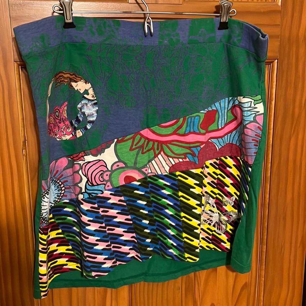 Desigual Womens Size Large Green Multi-Color Butterfly High-Low Pull On Skirt